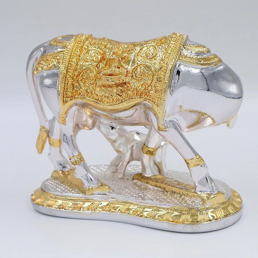 Jaipur Ace Kamdhenu Cow With Calf Statue Standard Size Golden 2 ton Cow And Calf