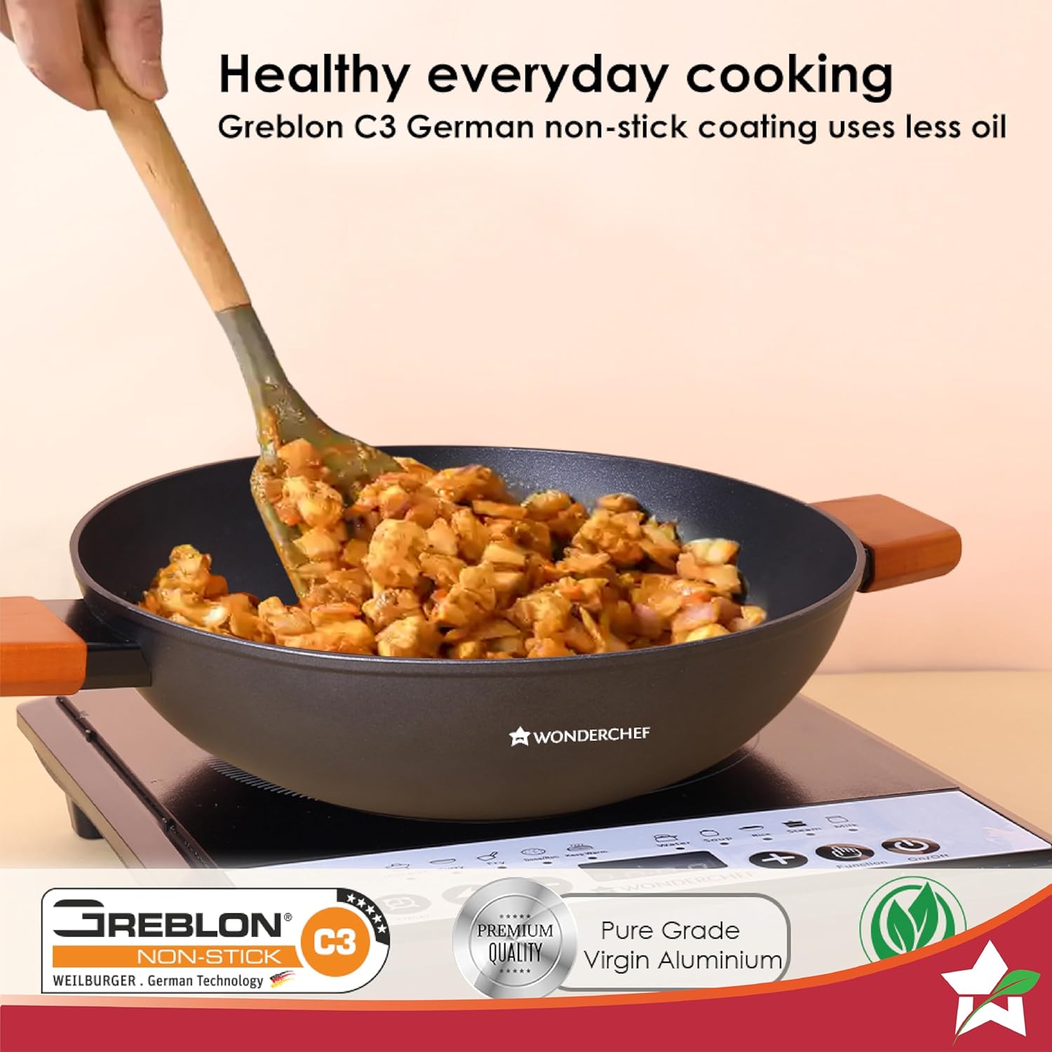Wonderchef Caesar Forged Virgin Aluminium Kadhai With Glass Lid | 24cm | Black | Greblon C3 Non-stick Coating