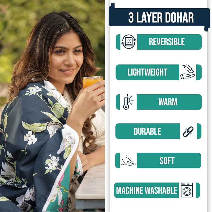 Divine Casa 120 GSM Microfiber Single Kids Dohar Soft & Lightweight Throw Blanket Floral Pattern Colour Bristol Blue