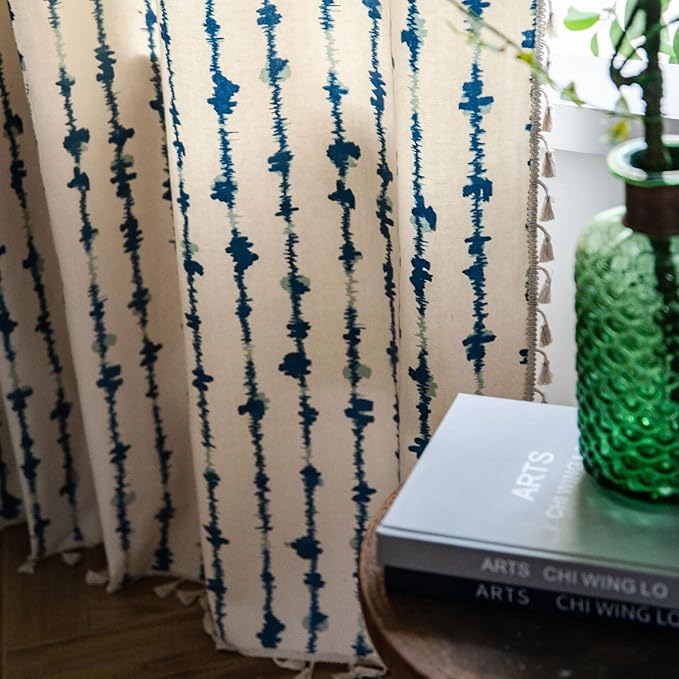 Huesland Cotton Curtains for Windows, 5 Feet Long 1 Bohemian Eyelet Curtain | Blue Vertical Stripes