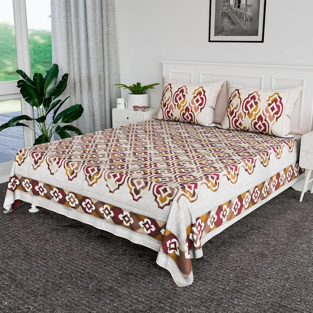 Kuber Industries Cotton Bedsheets for Double Bed with 2 Pillow Covers Rusty Star Flower -Brown
