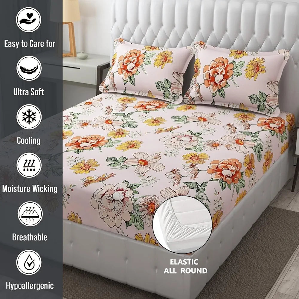 Fresh From Loom Elastic Fitted Floral Bed Sheets Bed Covers for Mattresses Tuck in King Size with Two Pillow Cover 144 TC Soft Pink