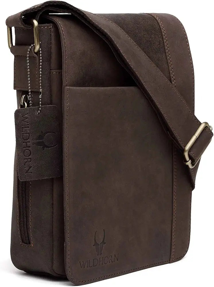 WildHorn Leather 8.5 inch Sling Messenger Bag for Men I Multipurpose Crossbody Bag I Travel Bag with Adjustable Strap I DIMENSION: L- 8.5inch H- 10.5inch W- 3inch