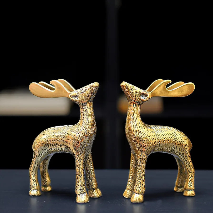 BEHOMA Antique Golden Aluminium Christmas Reindeer Figurine Statue 2 Pcs | Reindeer Showpiece for Tabletop, Bookshelf, Desktop, Cabinets, Valentine's Day 