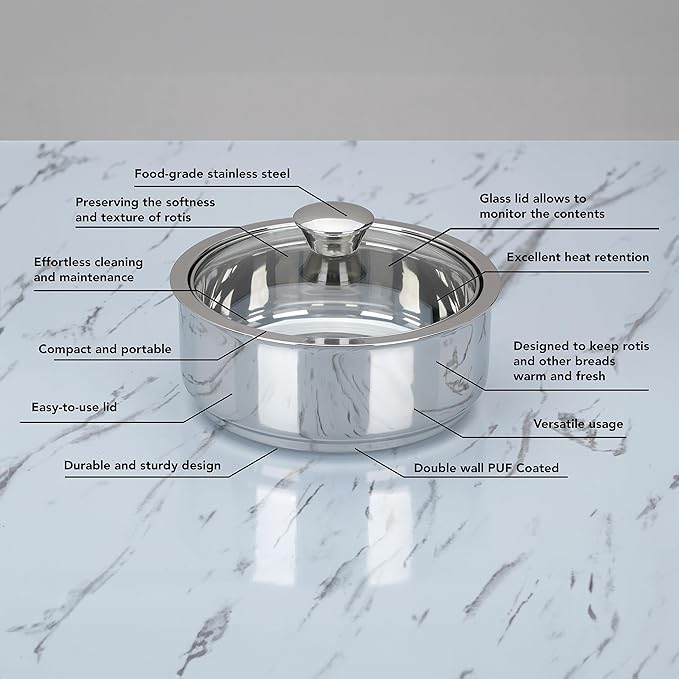 Sumeet Smart Serve Stainless Steel Double Wall Insulated Hot Roti Glass Lid 1600 milliliter 1pc Silver