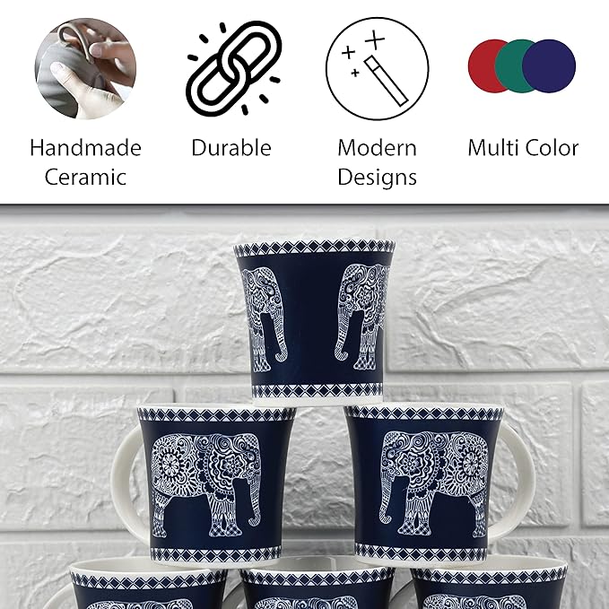 Femora Majestic Elephant Ceramic Coffee & Tea Cup Each - 100 gms (Pack of 6)