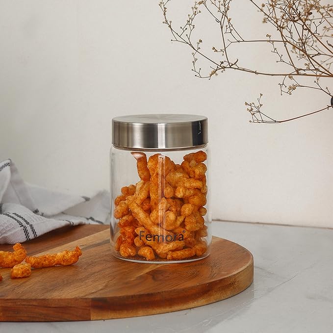 Femora Kitchen Storage Jars Borosilicate Glass With Steel Lid Air Tight Jar | 350 Ml | Pack of 4