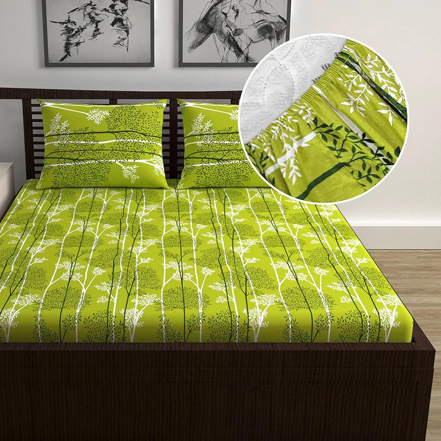 Divine Casa 144 TC Floral Green 100% Cotton Elastic Fitted Bedsheet for Double Bed with 2 Pillow Covers Colour Green