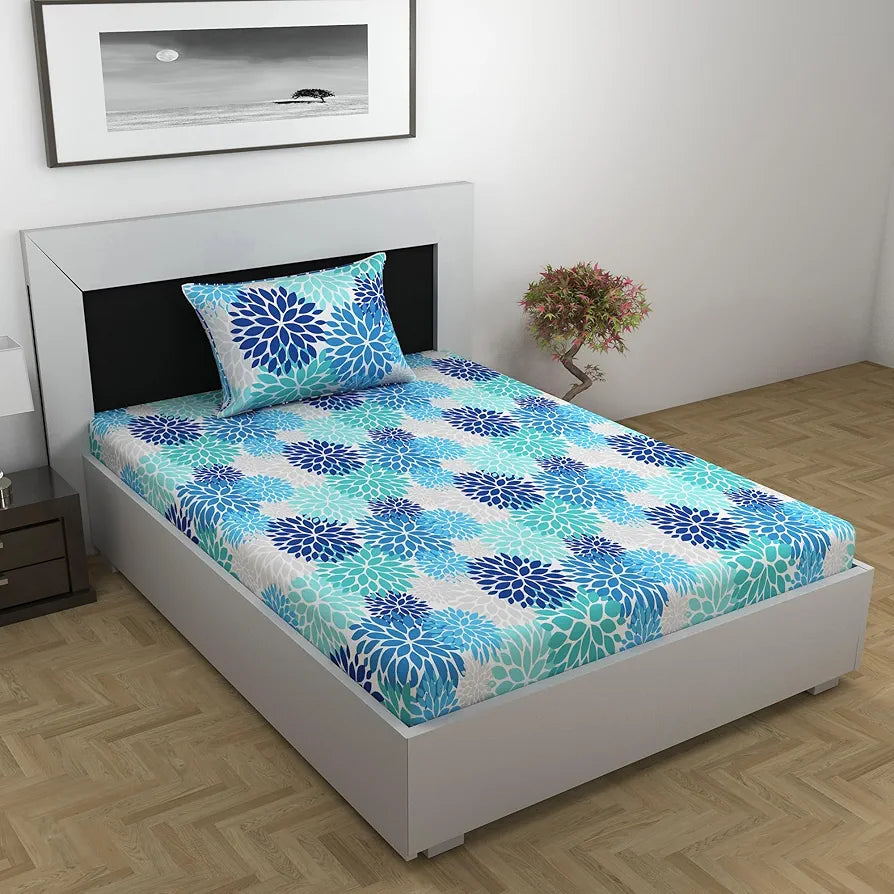 Divine Casa 144 TC Polycotton Single Bedsheet with 1 Pillow Cover Floral Pattern Colour Aqua & Blue