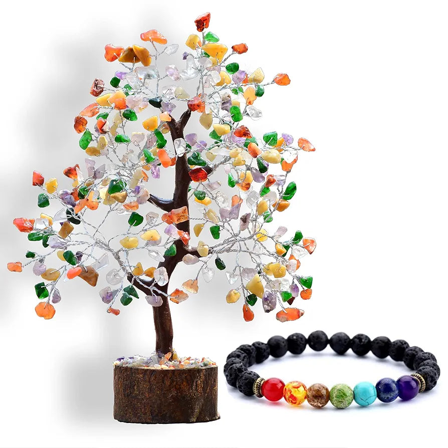 Reikved Mix Chakra Crystal Natural Gemstone Mix Chakra Silver Bonsai Money Tree with Chakra Bracelet