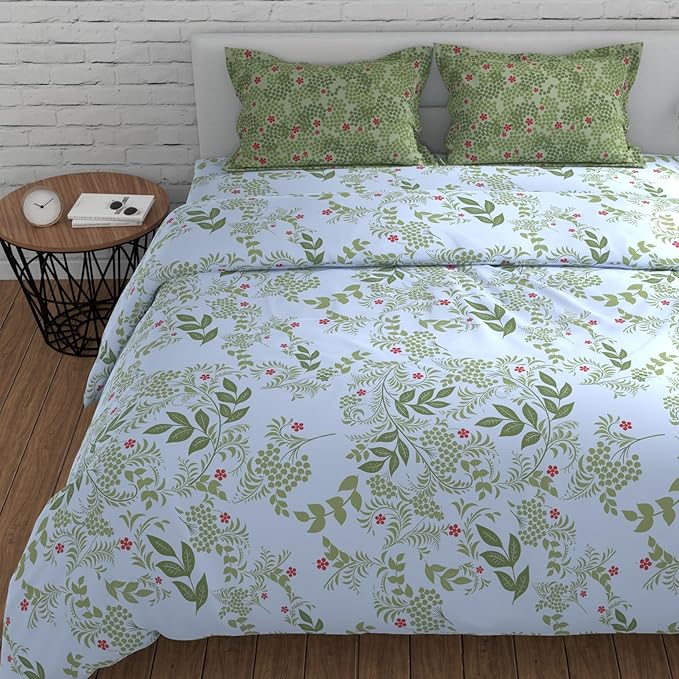 Huesland by Ahmedabad Cotton 144 TC King Size Bedsheet Cotton with 2 Pillow Covers | Botanical Bliss | White & Green