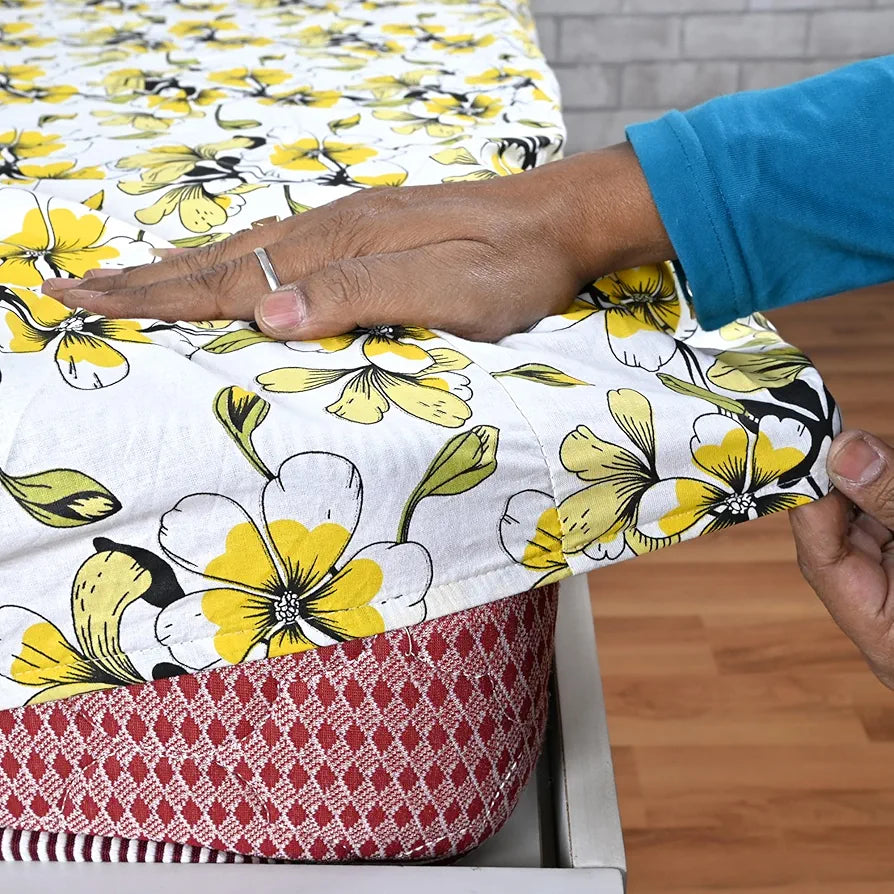 Divine Casa Floret 100% Cotton King Fitted Bedsheet 144 TC Deep Pocket Design Soft & Breathable Fabric Colour Daffodil Yellow