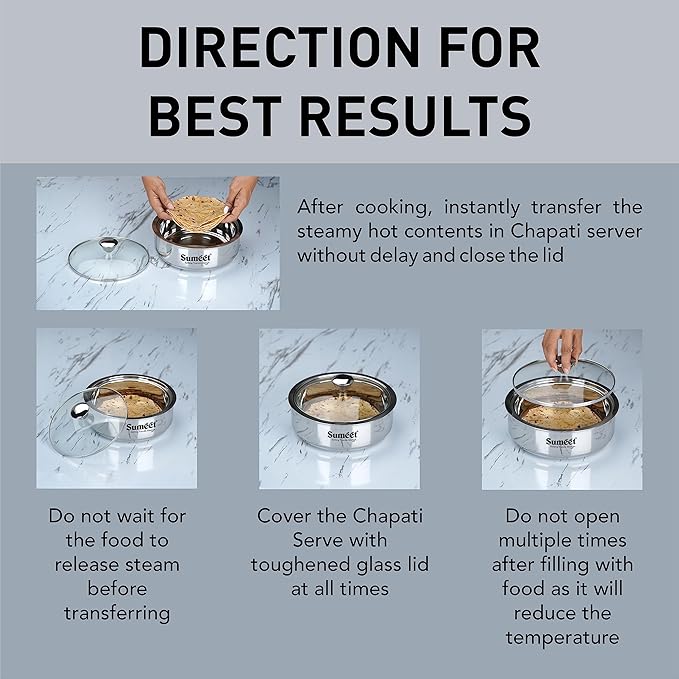 Sumeet Smart Serve Stainless Steel Double Wall Insulated Hot Roti Glass Lid 1600 milliliter 1pc Silver