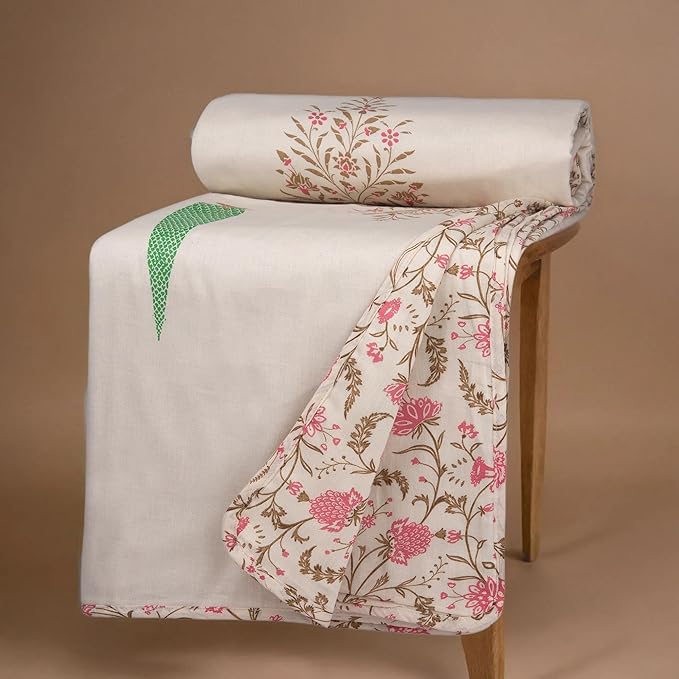 Huesland 100% Cotton Reversible Dohar Single Bed Cotton | Soft Cambric Weave, All Weather Light Ac Blanket Botanical Fusion - Ivory, Brown & Pink