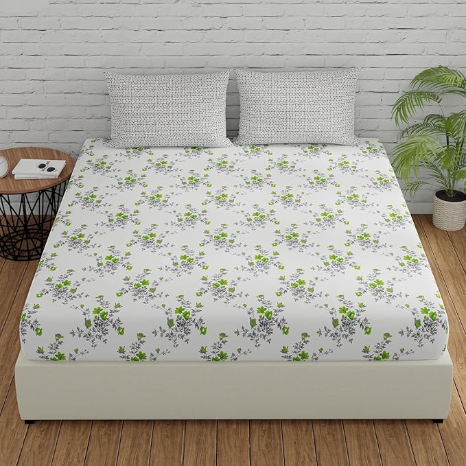 Huesland by Ahmedabad Cotton 144 TC Cotton Bedsheet for Double Bed King Size with 2 Pillow Covers | White, Green & Grey