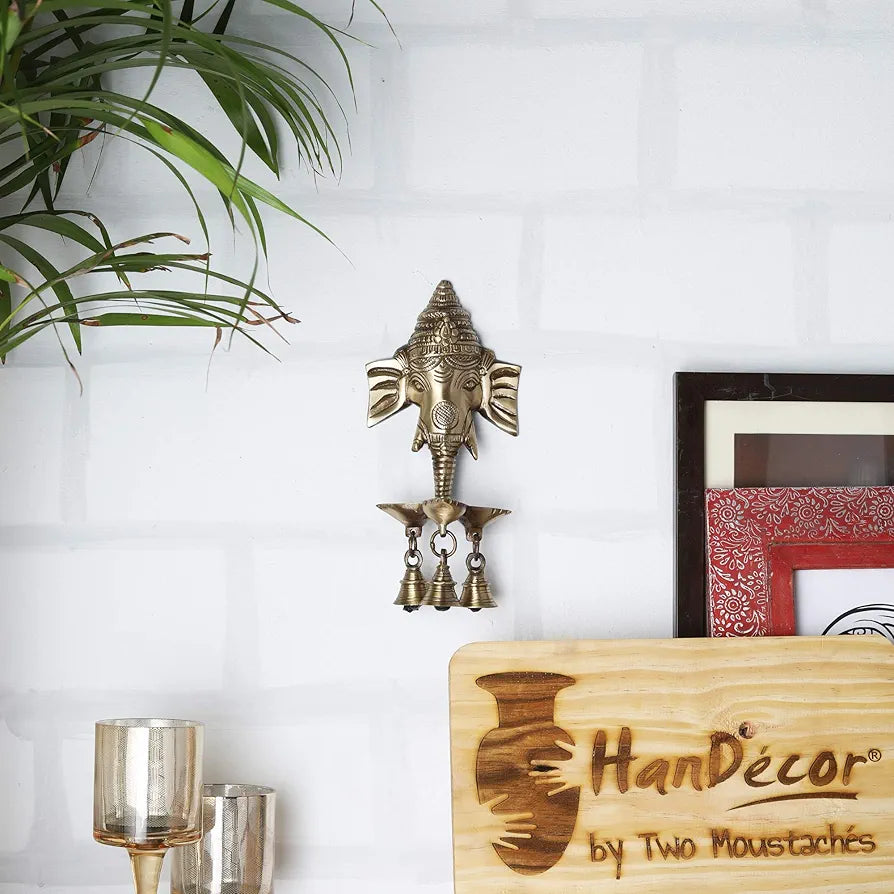 Two Moustaches Brass Ganesha Wall Hanging Diya with Bells