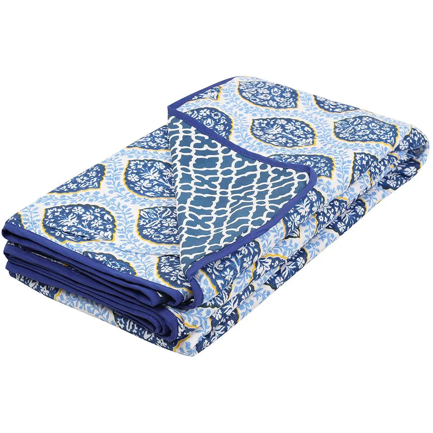 Cloth Fusion Reversible Dohar Single Bed Soft Cotton Blend AC Blanket for Summer Blue Leaves