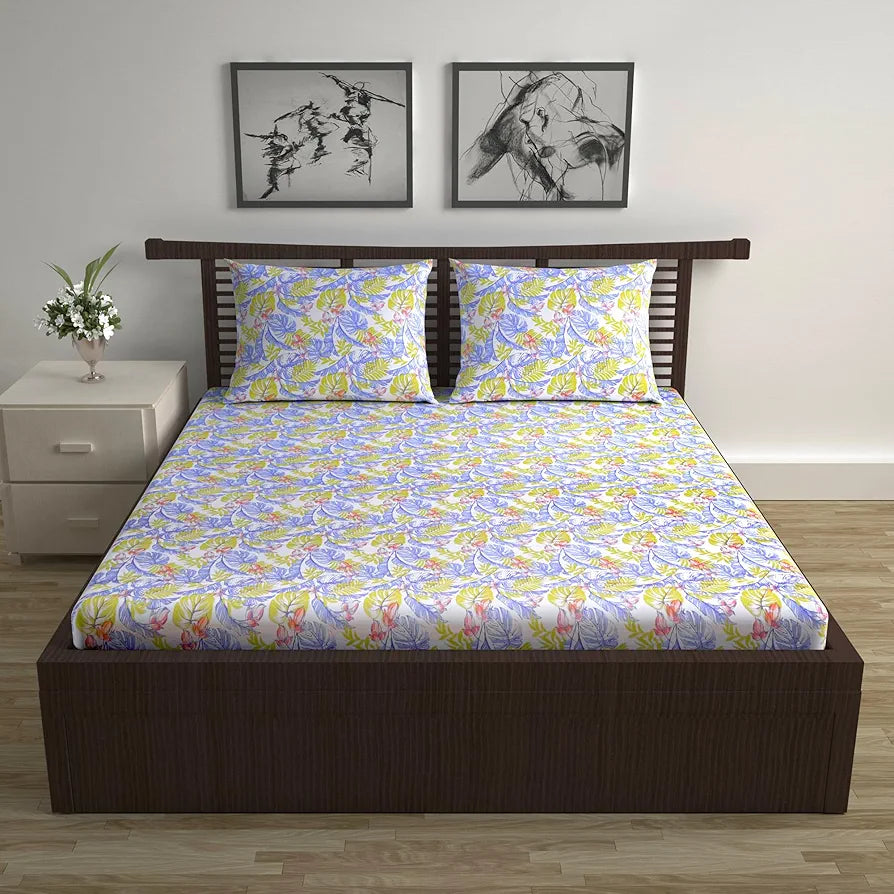 Divine Casa 144 TC Pure Cotton Double Bedsheet with 2 Pillow Covers Floral Bliss Colour Purple Yellow