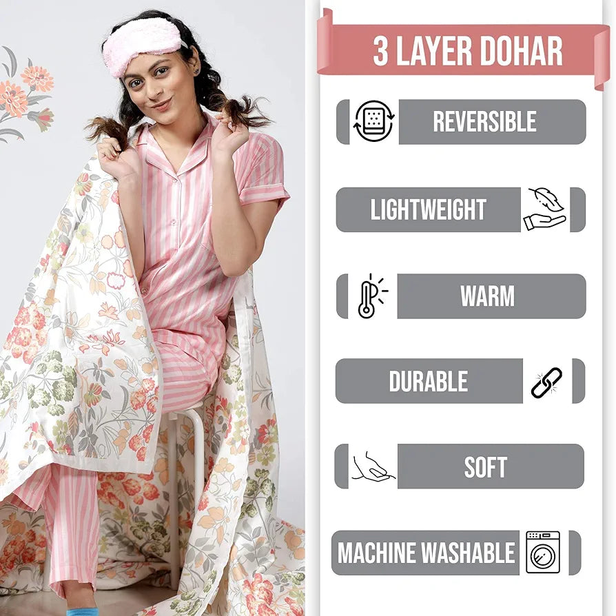 Divine Casa Floret 100% Cotton Double Dohar 120 GSM Soft & Lightweight Throw Blanket Colour Floral Blush