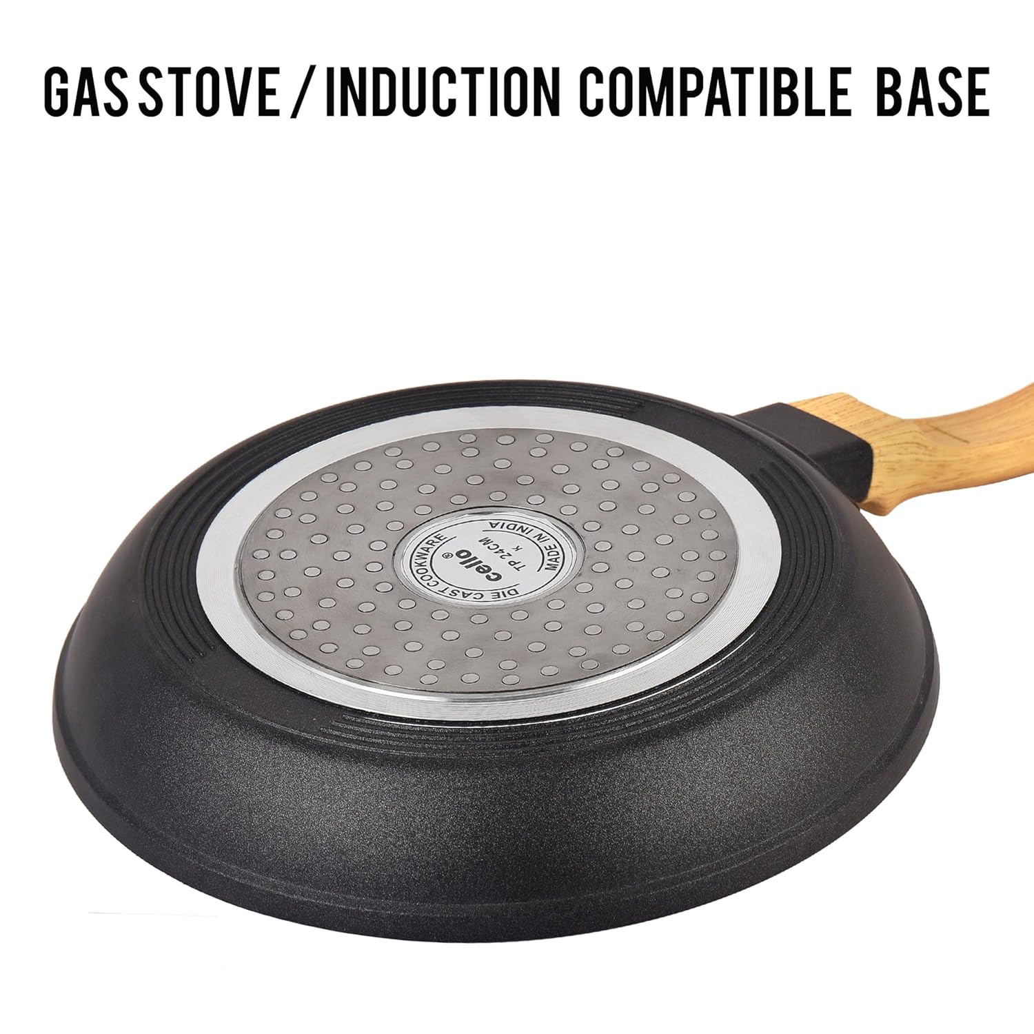 Cello Castello Die Cast Induction Taper Aluminium Fry Pan | Induction Base Fry Pan | Wooden Handle
