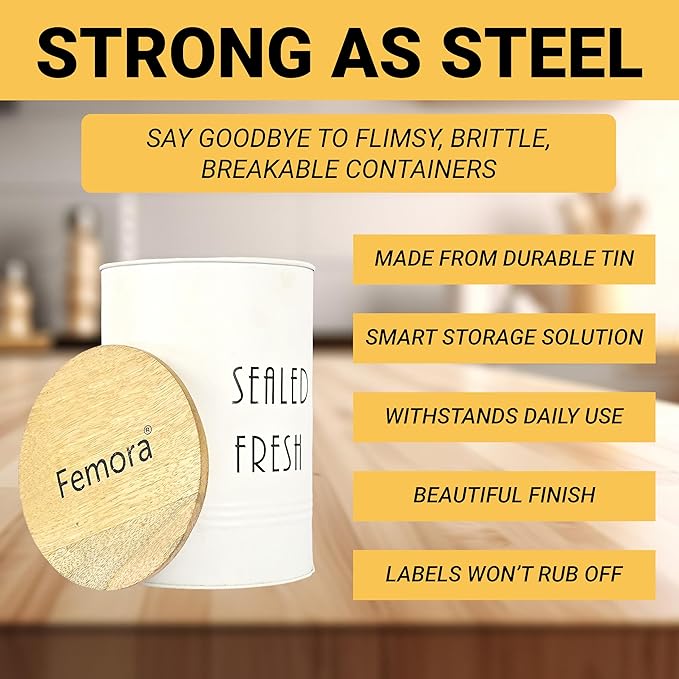 Femora Kitchen Storage Jars Tin Jar With Wooden Lid Air Tight Jar | 900 Ml | Set of 2