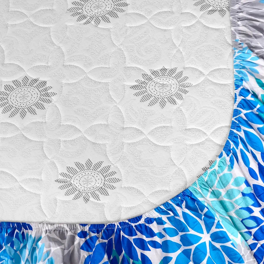 Divine Casa 144 TC Cotton Floral Print King Size Double Bed Elastic Fitted Bedsheet with 2 Pillow Cover Colour French Blue