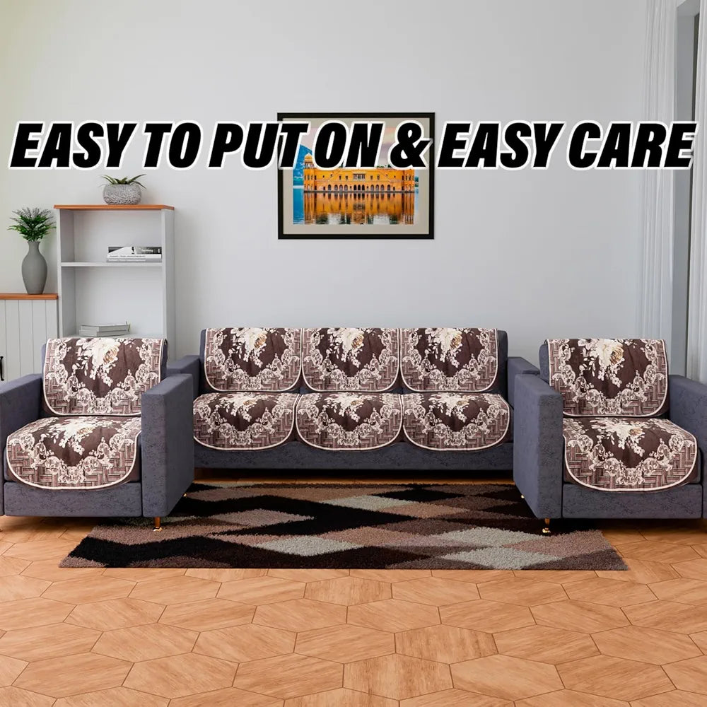 Kuber Industries Velvet Sofa Cover Set 5 Seater With Brown Check Border for Living Room Cream
