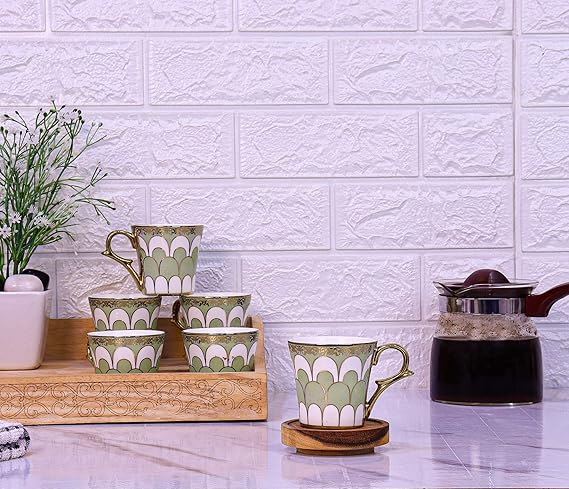 Femora Water Drop Scale Pattern Golden Tea Mugs, Ceramic Tea Cups, Coffee Mugs | 160 Ml | Green | 6 Pieces Set | Not Microwave Safe