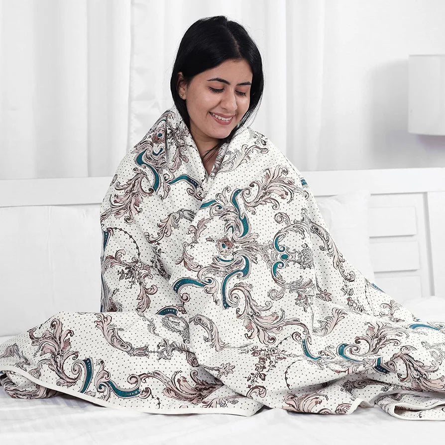 Divine Casa Glace Cotton 120 GSM, 120 TC Reversible Lightweight Printed AC Dohar Blanket for Single Bed Colour Beige & Brown