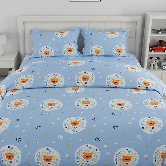 Huesland by Ahmedabad Cotton 186 TC Kids Bedsheet King Size Cotton with 2 Pillow Covers | Powder Blue & White