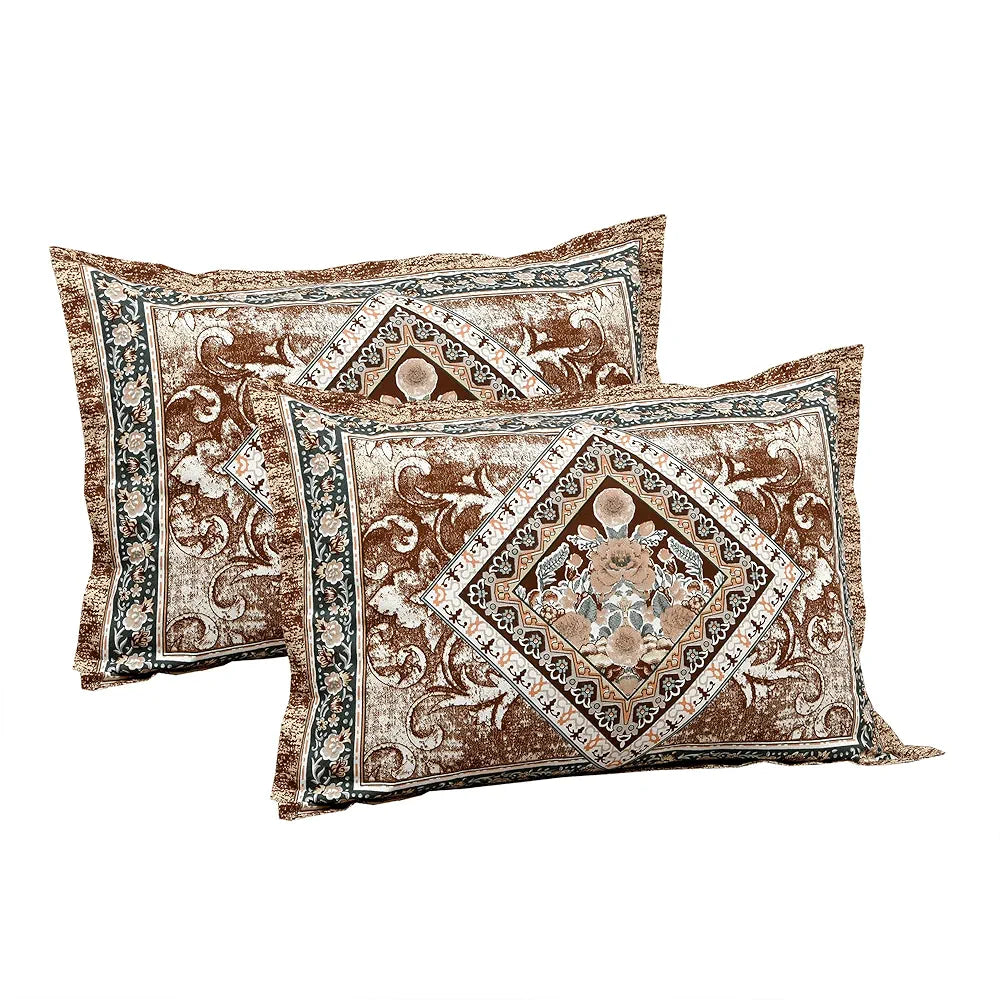 Kuber Industries Double Bedsheet with 2 Pillow Covers 186 TC Premium Cotton Arabic Beauty Flower Square Brown