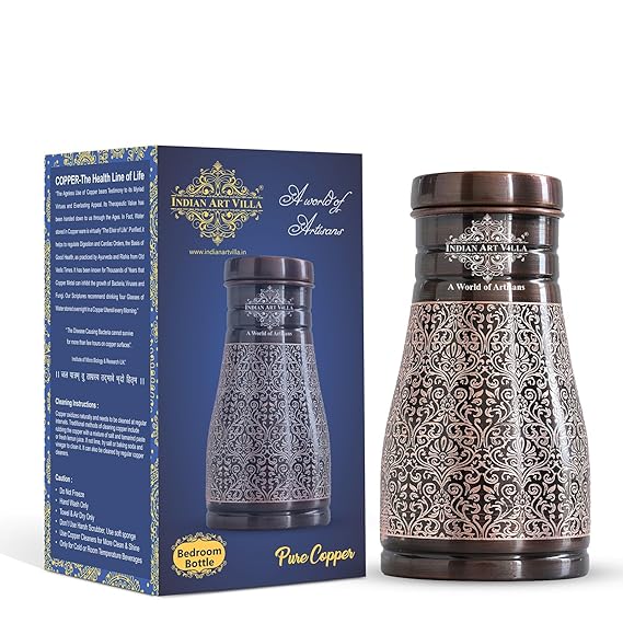 Indian Art Villa Pure Copper Bedroom Water Bottle With Inbuilt Glass Dark Embossed Design