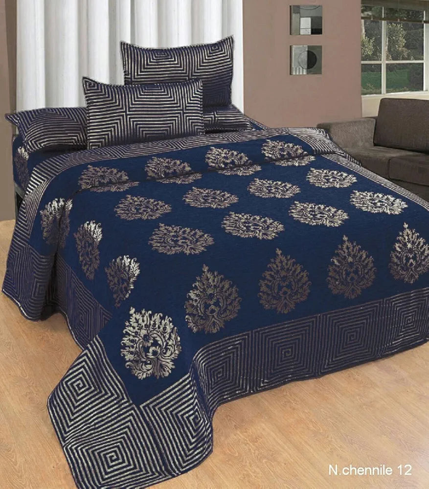 Fresh From Loom Chenille Velvet 500 TC Bedsheet 1 Double Bed King Size Bedsheet with 2 Pillow Cover Jhumka Blue