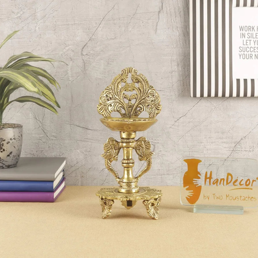 Two Moustaches 9 Inches Ethnic Twin Peacock Design Brass Oil Diya with Base