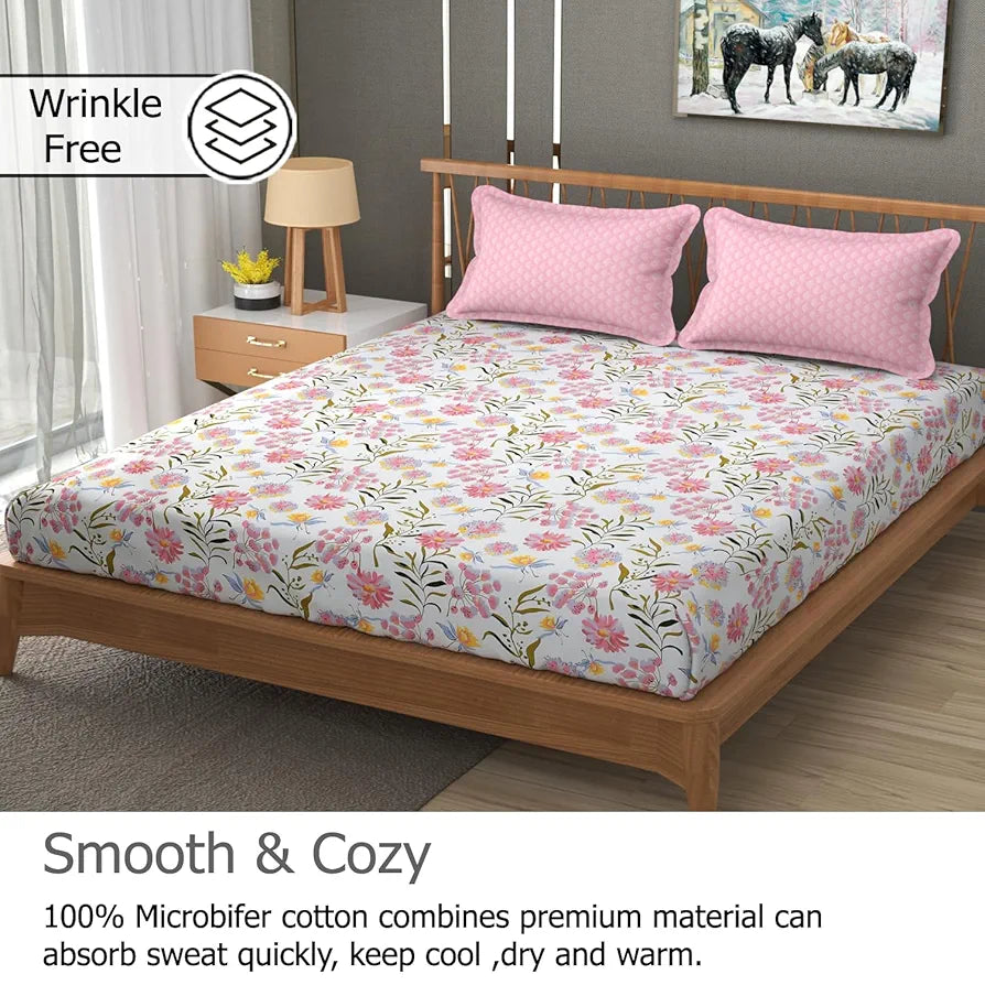 Fresh From Loom Floral XXL Microfiber Soft Cotton Bedsheet 240 TC King Size Bed Cover with 2 Pillow Cover Pink White