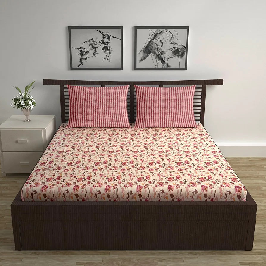 Divine Casa 144 TC 100% Pure Cotton Double Bed Bedsheet with 2 Pillow Covers Rose Blossom Colour Crimson Gold