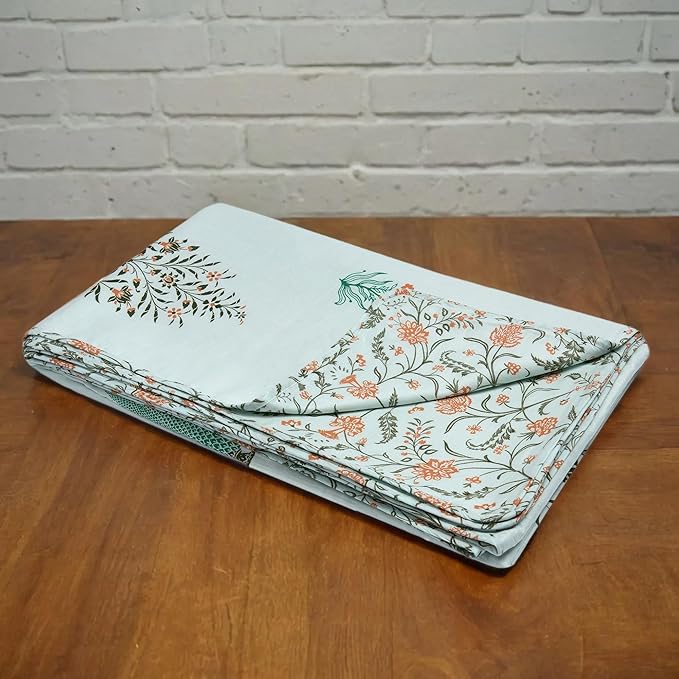 Huesland 100% Cotton Reversible Dohar Single Bed Cotton | Soft Cambric Weave, All Weather Light Ac Blanket | Botanical Fusion - Celest Blue, Green & Mustard