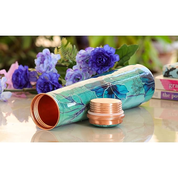 Indian Art Villa Copper Tube Slim Bottle In Green Leaf Print
