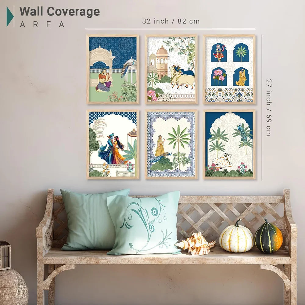 Kotart Framed Wall Painting Traditional Indian Wall Art Madhubani Paintings set of 6 C