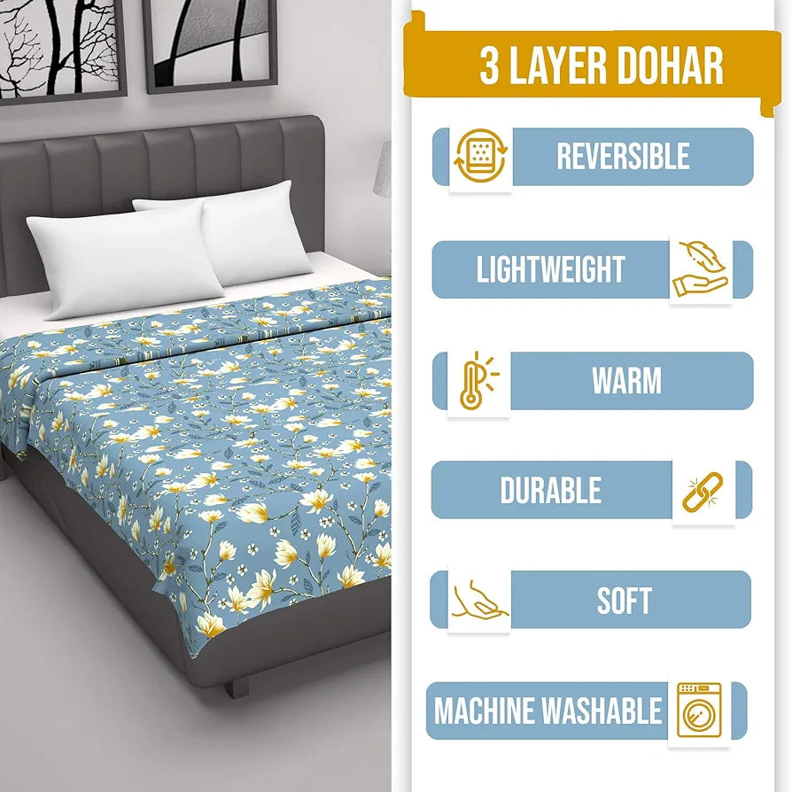 Divine Casa 100% Cotton Double Bed Dohar Ultra-Soft & Lightweight AC Blanket Colour Blossom Haven Sky Blue