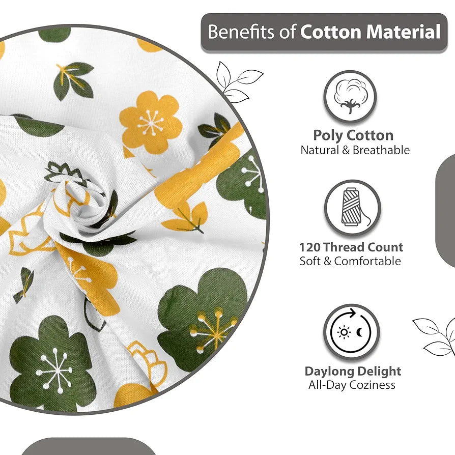 Divine Casa Double Size Bedsheet for Double Bed 144 TC Pure Cotton Queen Size with 2 Pillow Covers Floral Colour Mustard Green