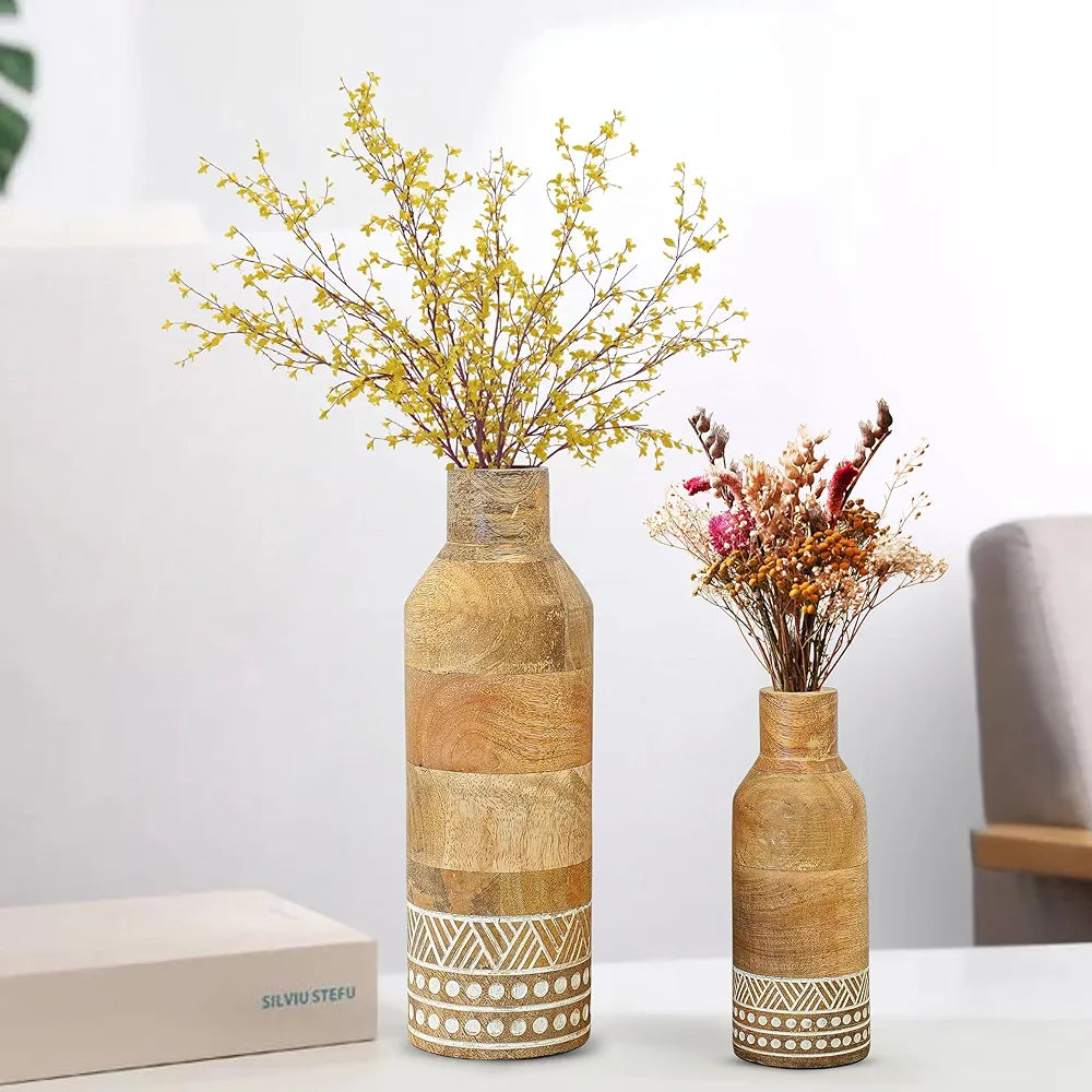 Behoma Boho Engraved Design Wooden Flower Vase Set of 2 Bottle Shape Natural Light Brown Finish Flowers not Included