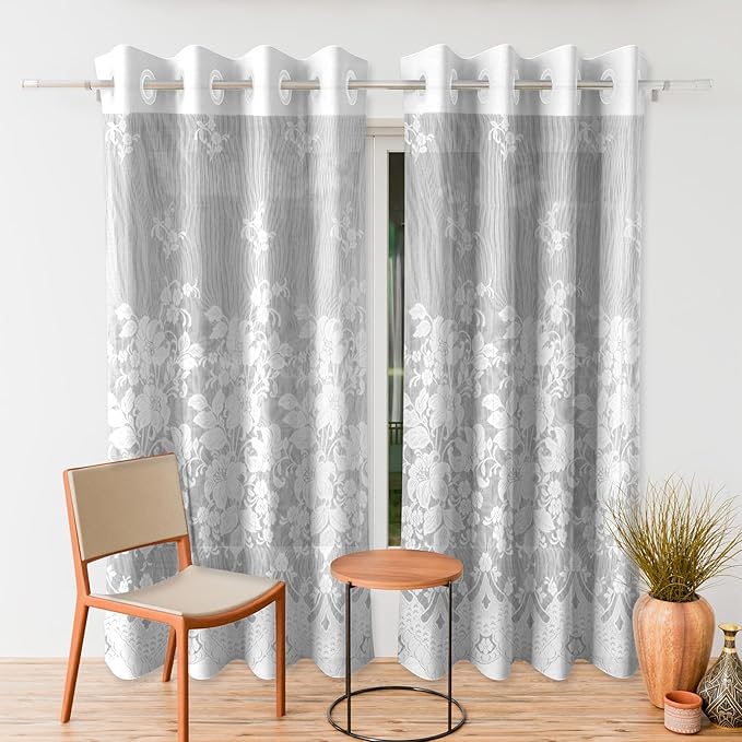 Kuber Industries Cotton Door Curtains with 8 Rings Net Frill Door Curtain SY27 White Colour
