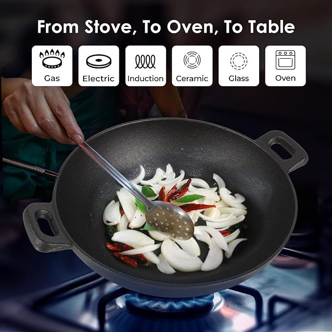 Solara Crownstone Premium Cast Iron Kadai 25 Cm, 2.1 Kg | Naturally Nonstick Cast Iron Kadai With 2 Loop Handles