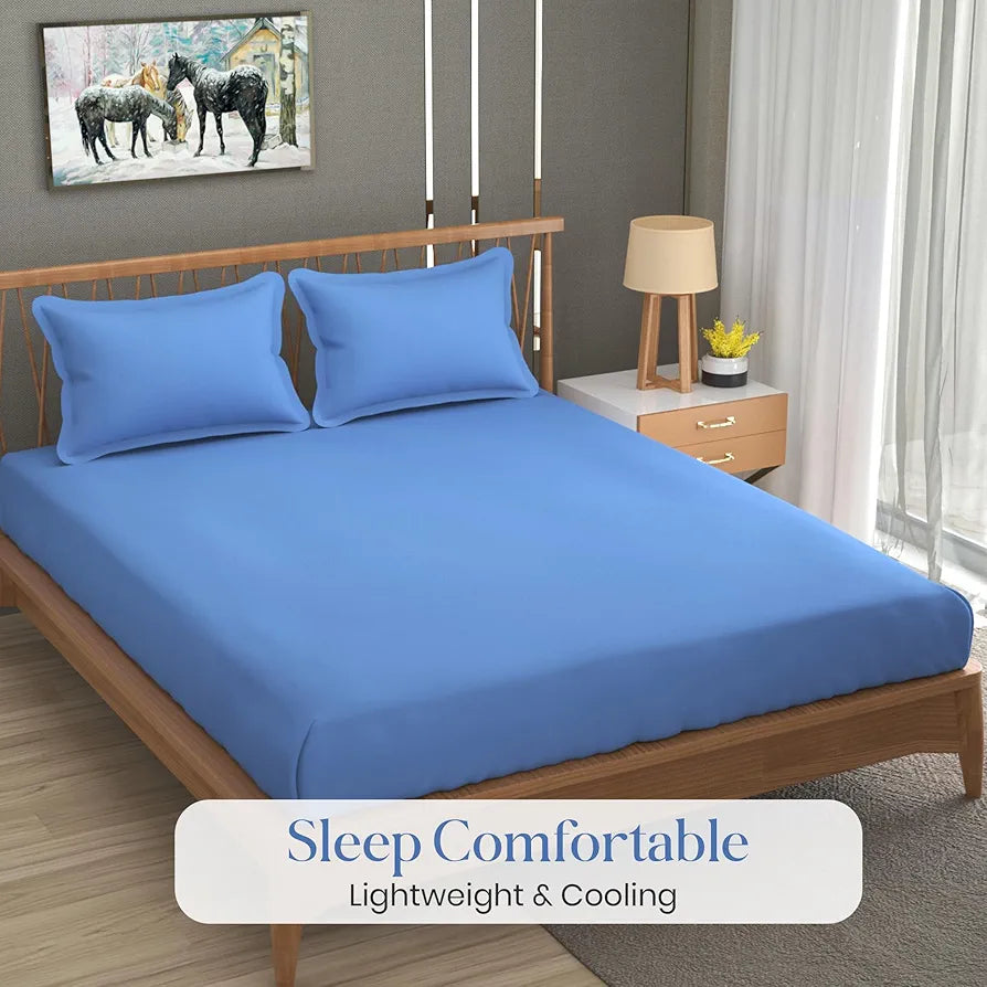 Fresh From Loom 144 TC Plain King Size Microfiber Bed Sheet Set Printed with 2 Pillow Covers Skyblue Plain