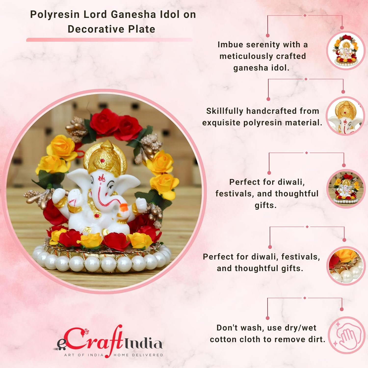 Ecraftindia Resin Lord Ganesha Idol on Decorative Rose Flower Plate | Ganesha Idol for Home Decor