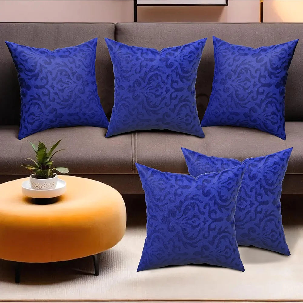 Kuber Industries Set of 5 Washable & Removable Velvet Sofa Pillow Covers with Zip Floral Design Royal Blue