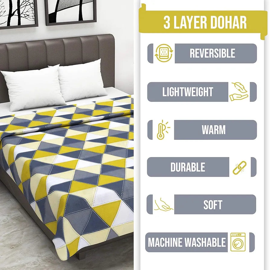 Divine Casa Glace Cotton 120 GSM Reversible Lightweight Malmal Printed Double Bed AC Dohar Blanket TC - 120 Colour Grey and Yellow