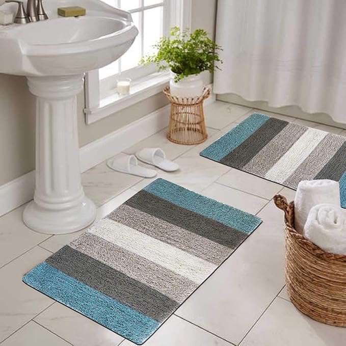 The Home Talk Cotton Stripes Bathmats Water Absorbent Runners Floor Mats Non-Slip Pack of 2  Beige Turquoise