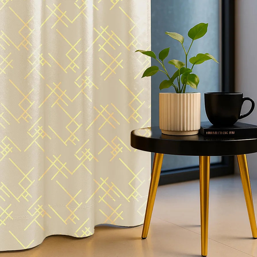 Urban Space Blackout Curtains for Living Room, Gold Foil Printed Luxurious Blackout Decorative Door Curtain Eyelet with Tieback, 1 Piece Criss Cross Beige